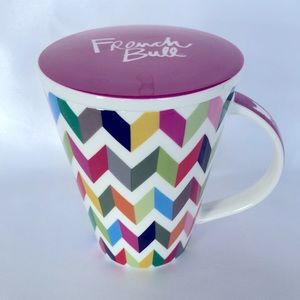 French Bull Ceramic Mug+Lid Rainbow Colored ‘Zigzag’ NWOT
